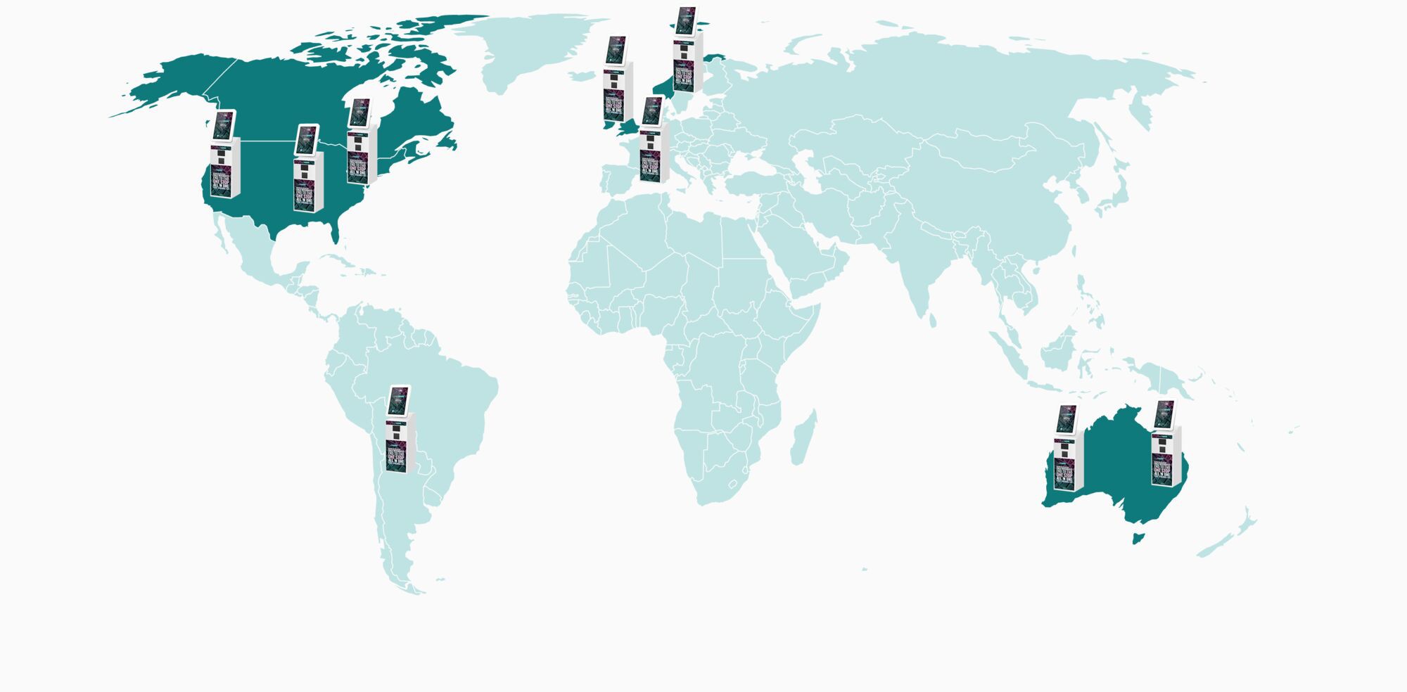 World map highlighting CrowdComms offices and kiosk hub locations worldwide.