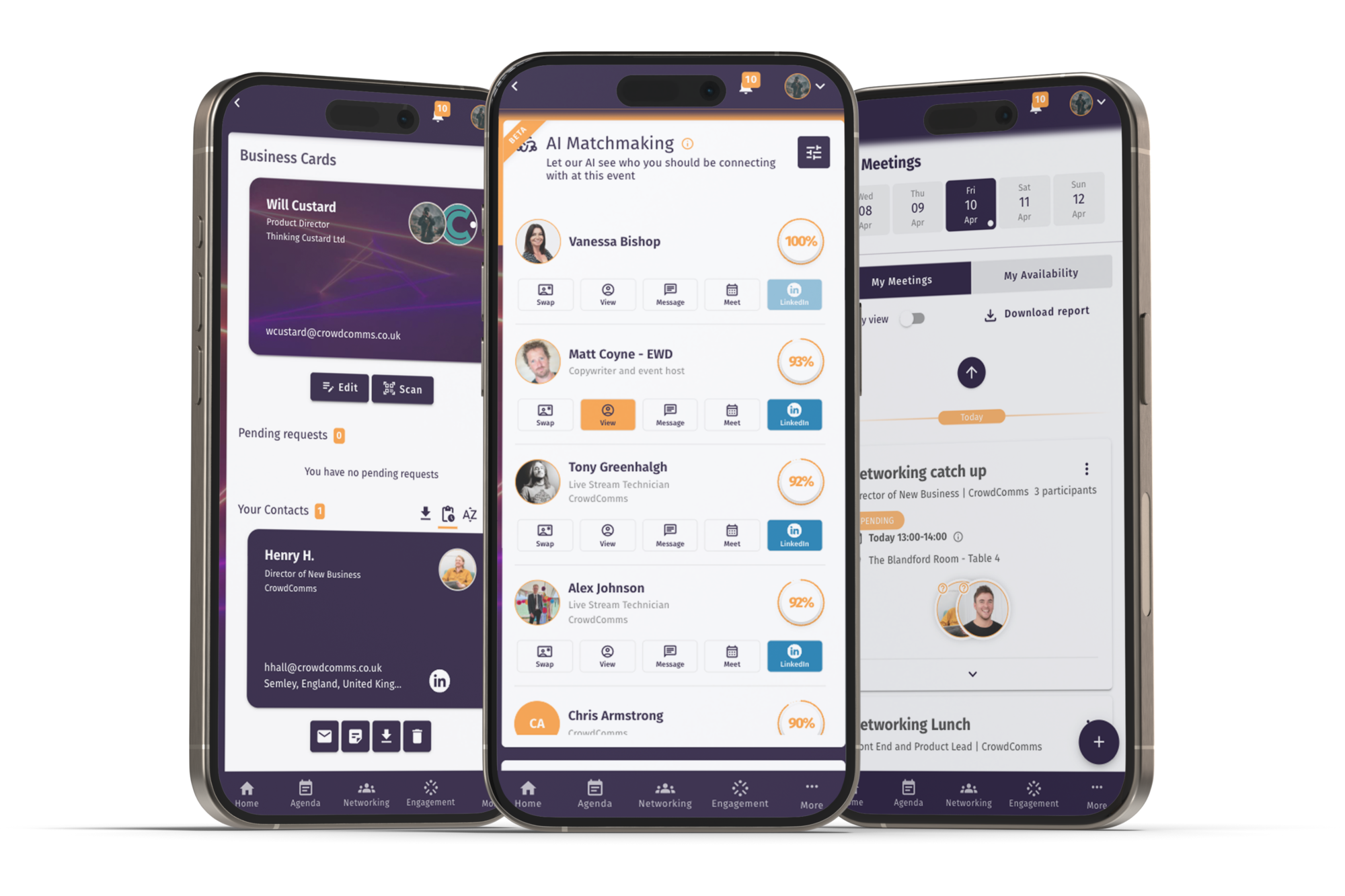 The CrowdComms event app on three phones