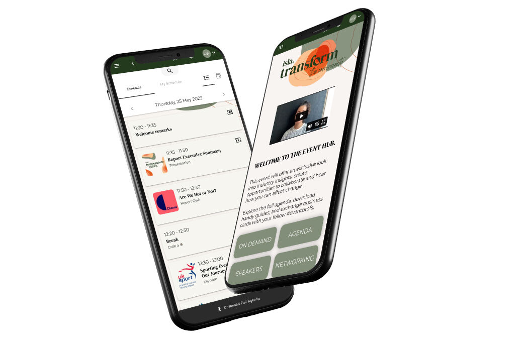 The Transform by isla event hub shown on two mobile devices