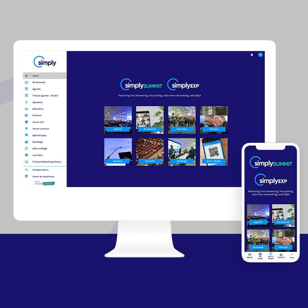 The simplySUMMIT event platform shown on desktop and mobile
