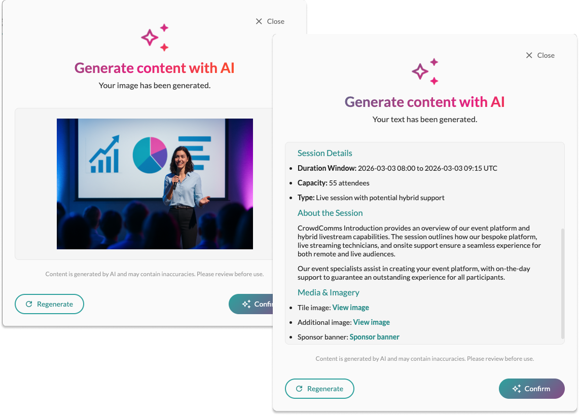 CrowdComms AI Content Assistant, showing generated session text and a generated image ready to confirm.