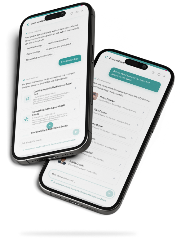 CrowdComms Event Assistant on three phones, showing sample topic prompts, session cards, and people results.