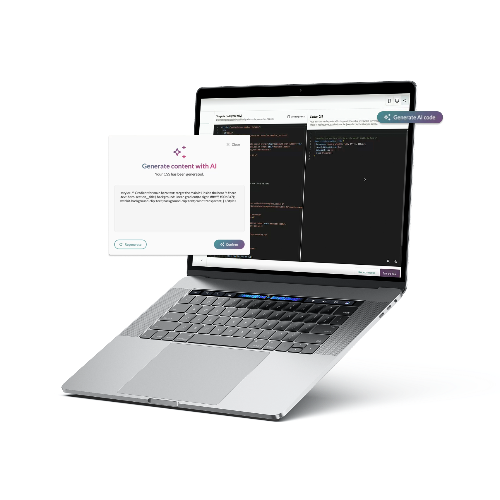 CrowdComms AI HTML and CSS Assistant on a laptop, with generated custom CSS ready to confirm.