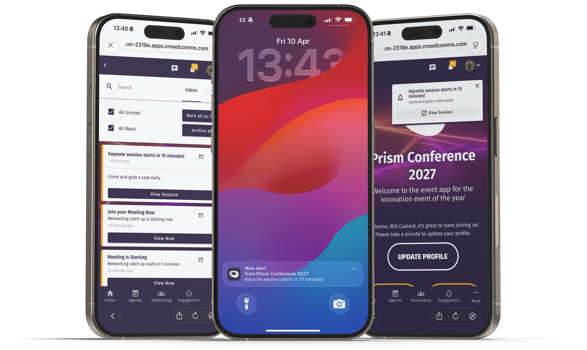 Three phones showing CrowdComms event app alerts: an inbox of scheduled messages, a lock-screen notification, and an in-app session alert.