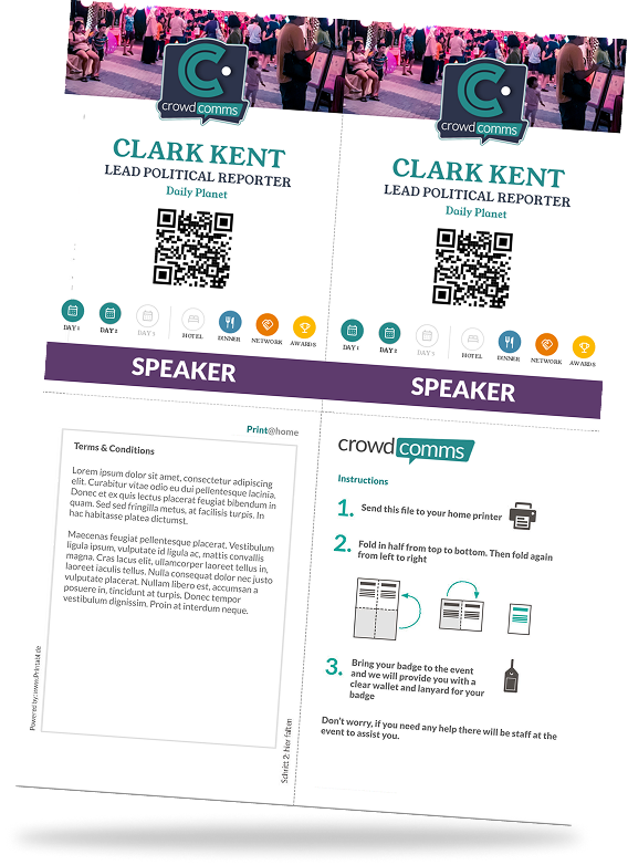 Print-at-home CrowdComms badge sheet, with fold lines, QR code, speaker bar and assembly instructions.