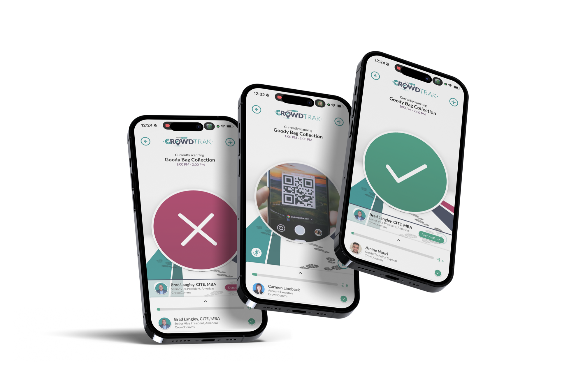 CrowdTrak native app on three phones, showing a QR scan, an approved check-in and a duplicate.