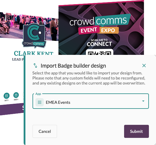 Import Badge builder design dialog, with EMEA Events selected and two badge designs behind it.