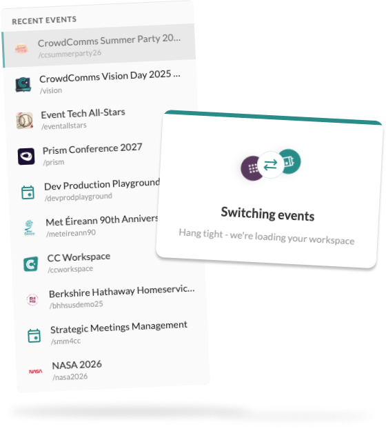 CrowdComms CMS App Switcher showing recent events and a switching events loader.