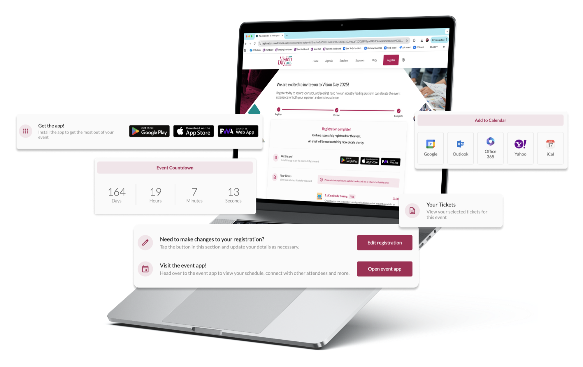 CrowdComms confirmation page on a laptop, with tickets, countdown, calendar links and app download cards.