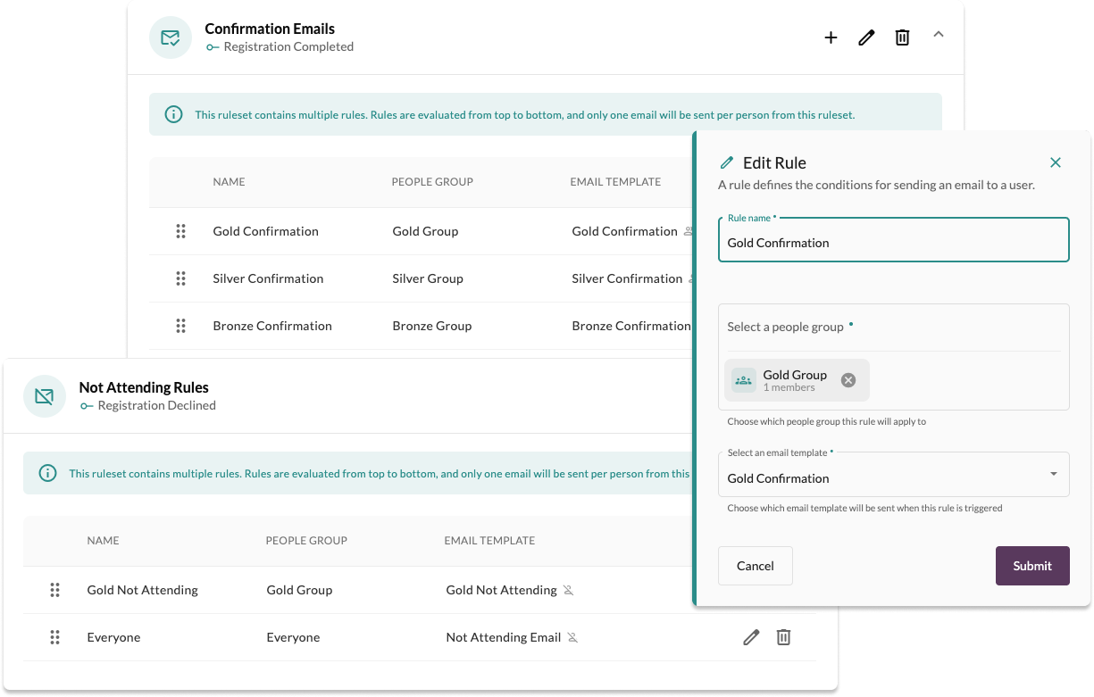Email Rules settings with confirmation and not-attending rules, plus an Edit Rule dialog.