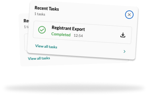CrowdComms Recent Tasks panel showing a completed Registrant Export ready to download.
