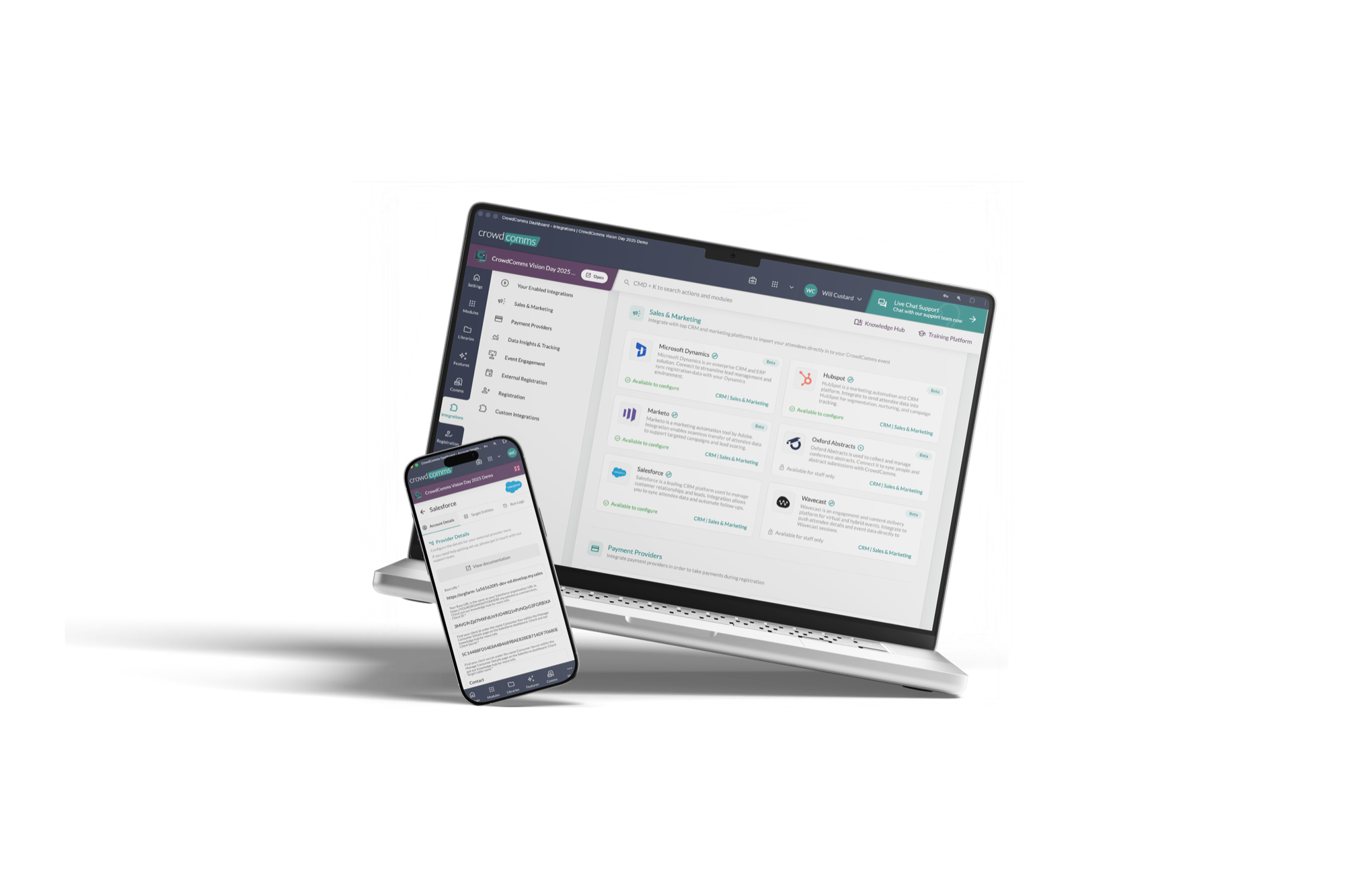 CrowdComms Native Integration Marketplace on a laptop and phone, showing Sales and Marketing cards and a Salesforce setup.