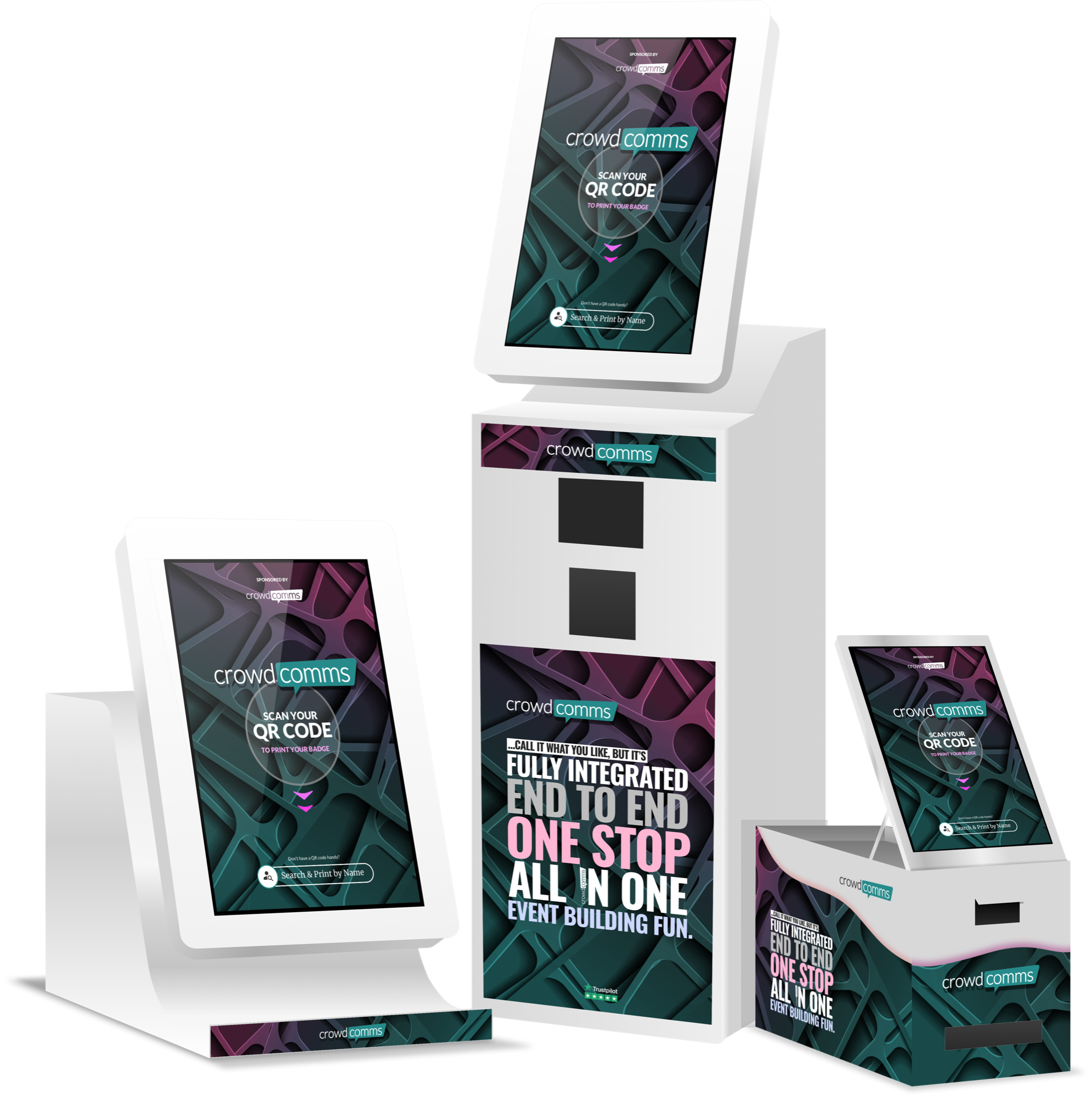 Three CrowdComms registration kiosks showing scan-to-print and search-and-print-by-name check-in.