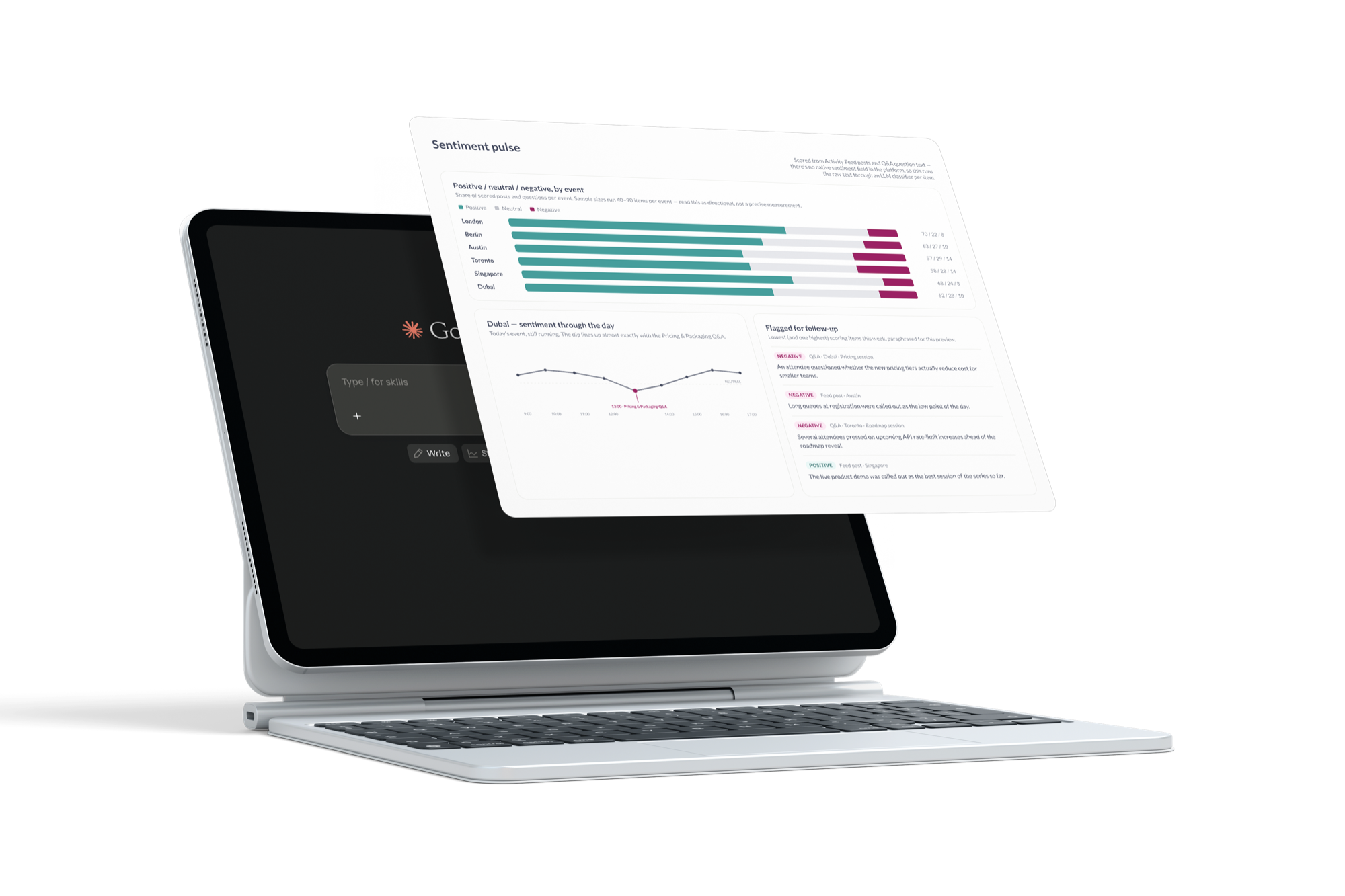 CrowdComms MCP Server, with a tablet and a sentiment dashboard built from live event data.