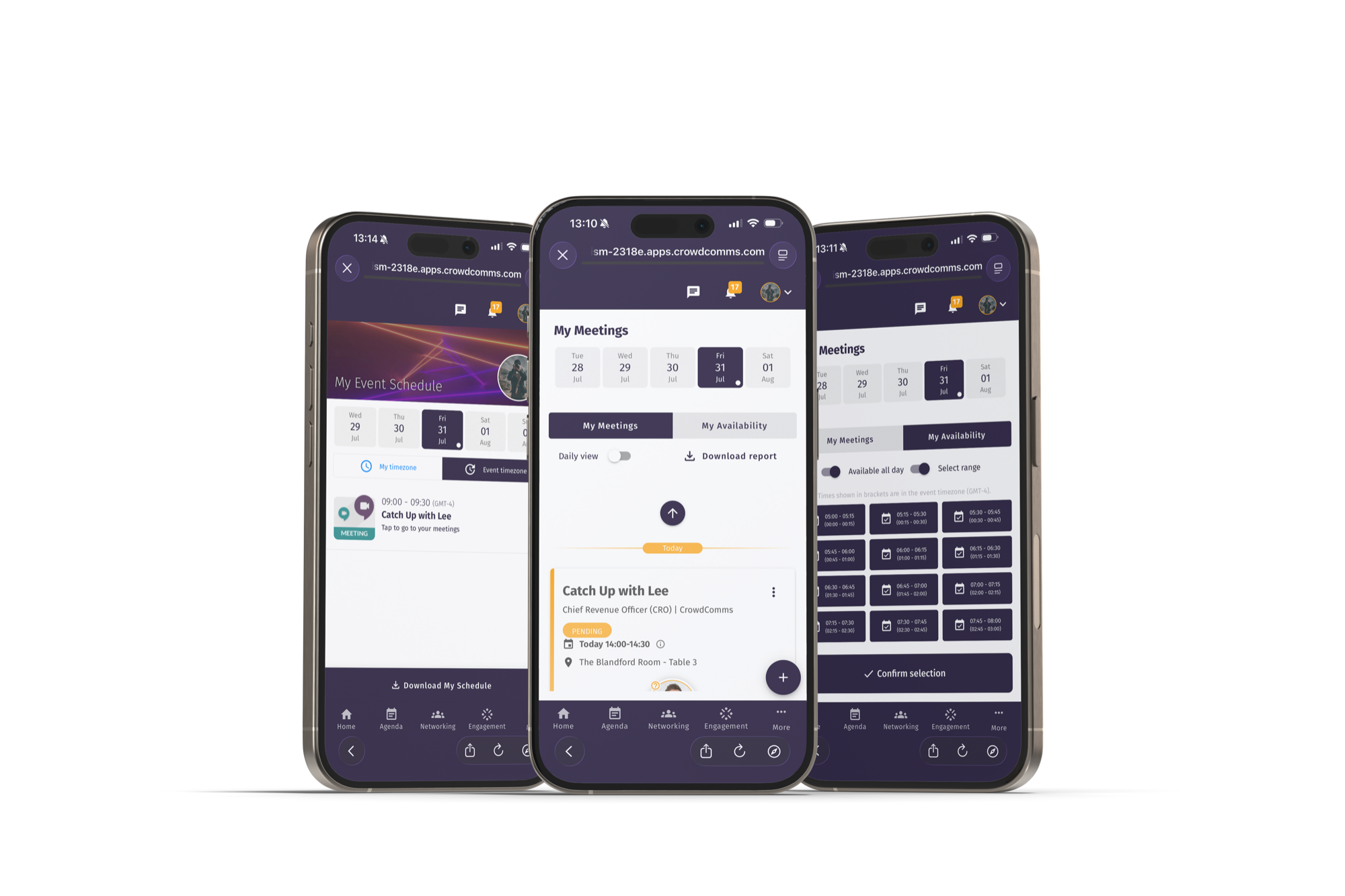 Rebuilt CrowdComms meeting booking on three phones, showing schedule, a pending meeting and availability.