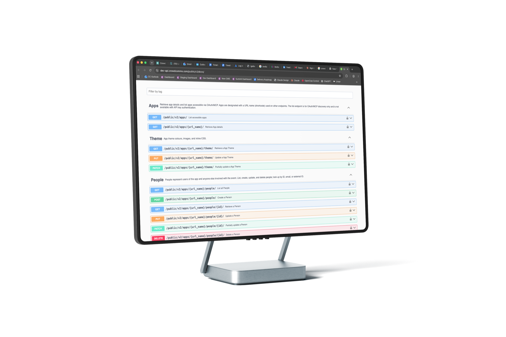 CrowdComms PAPI 2.0 docs on a desktop, showing Apps, Theme and People API methods.