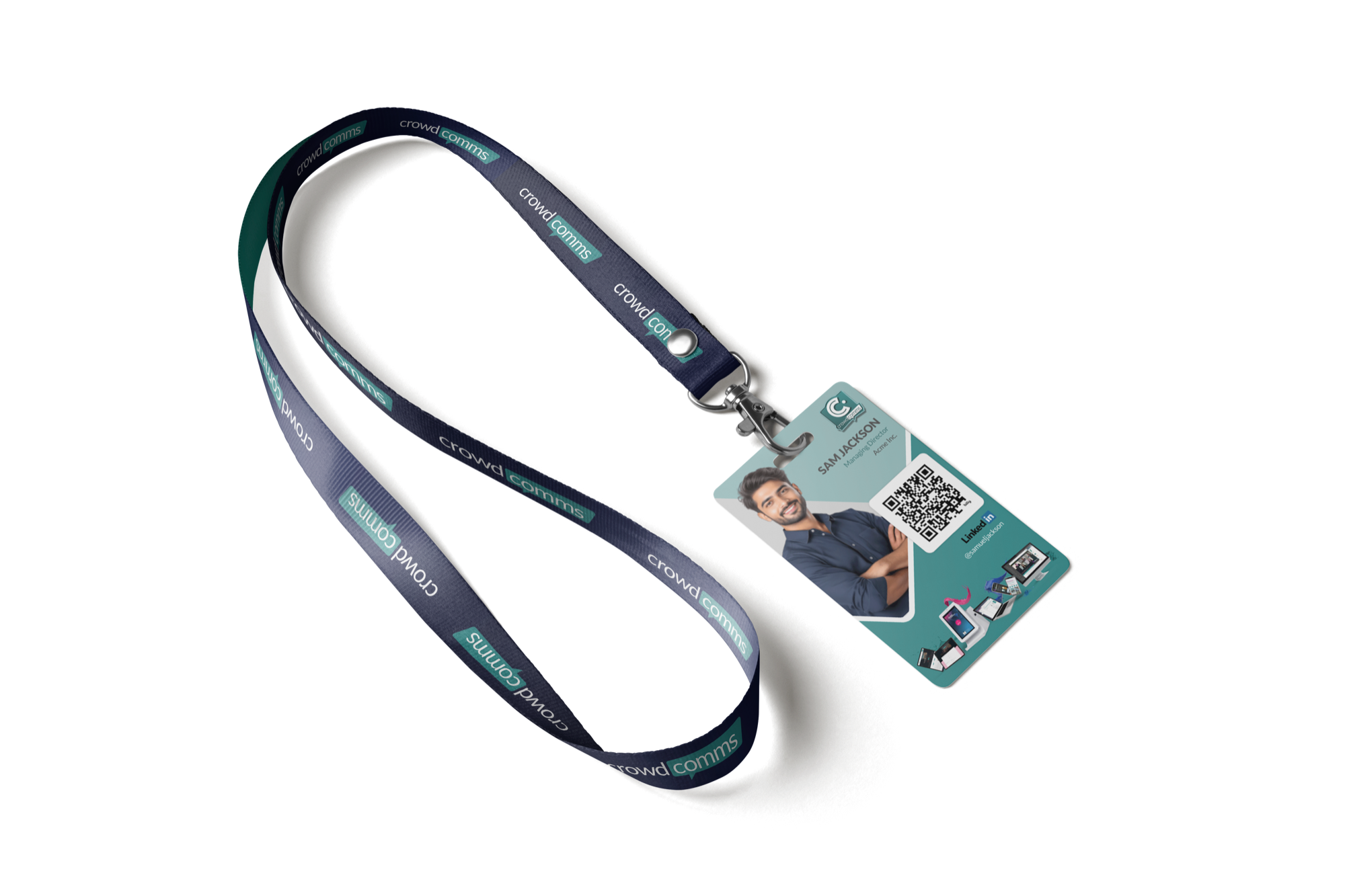 CrowdComms plastic event badge on a navy lanyard, with portrait photo, QR code and LinkedIn.