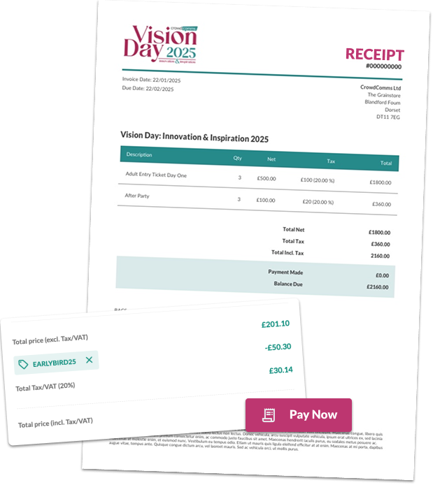 Vision Day 2025 registration receipt with itemised tickets, plus a checkout card and Pay Now.