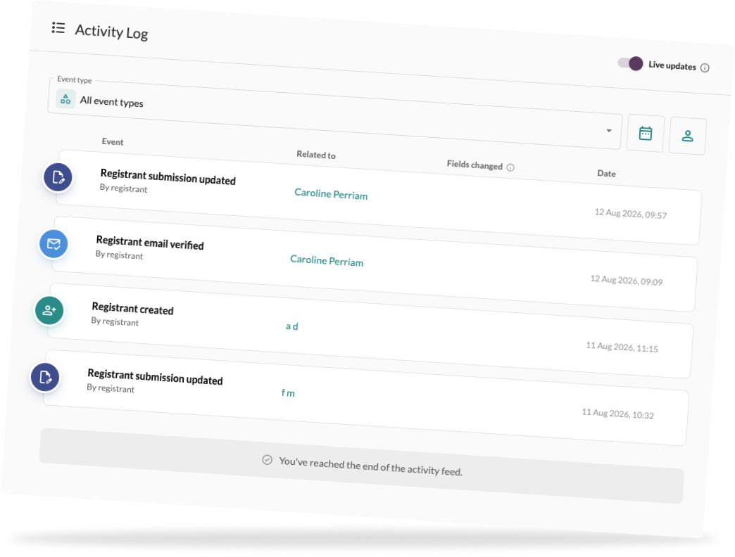 CrowdComms Registration Activity Log showing live registrant events, filters and timestamps.