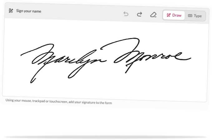 CrowdComms registration signature field, with Draw and Type, showing a handwritten signature on the form.