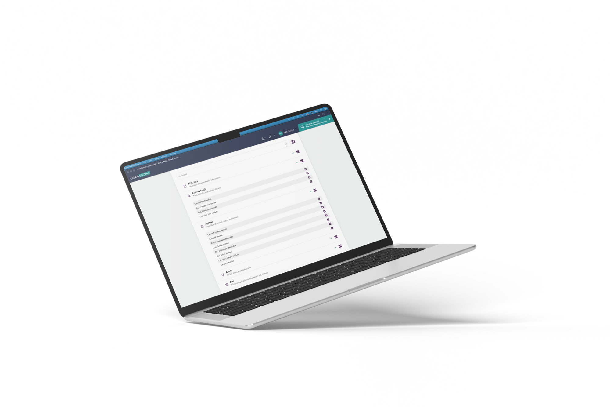 CrowdComms Roles and Permissions on a laptop, with checkbox controls for abstracts, feed, agenda and alerts.