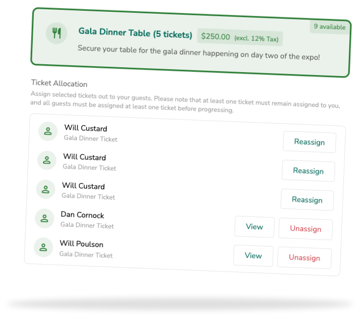 Ticket Allocation panel for a gala dinner table, with Reassign and Unassign on named guests.