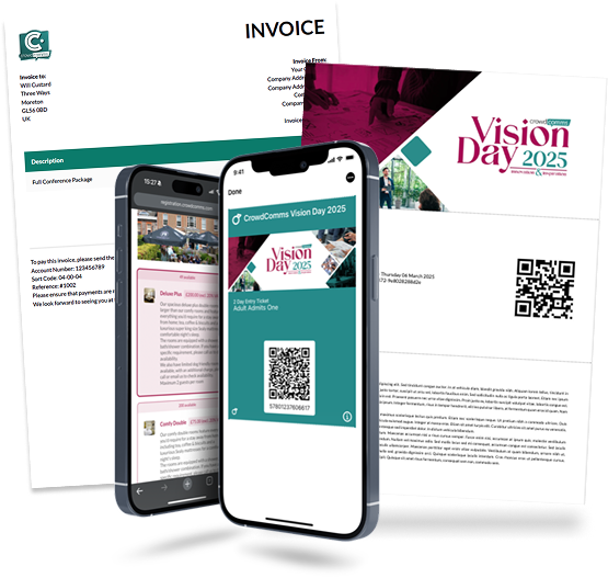 CrowdComms registration, invoice and tickets showing priced ticket types with tax applied.