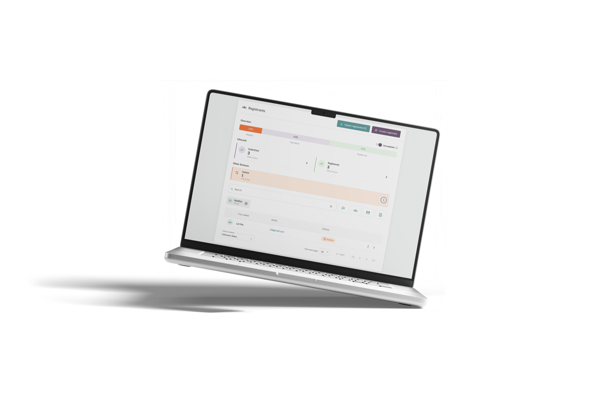 CrowdComms Registrants dashboard on a laptop, with a waitlist filter and status breakdown.