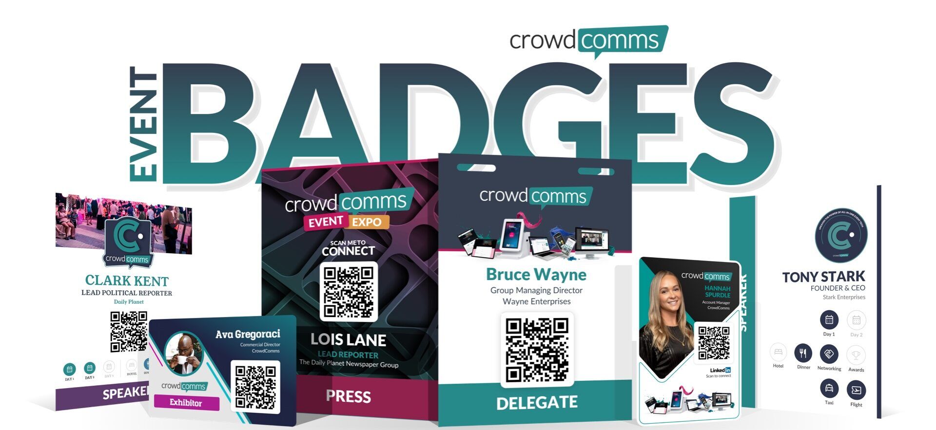 Graphic headed Event Badges showing five sample CrowdComms conference badges with QR codes, headshots and Speaker, Press, Delegate and Exhibitor labels