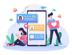 Flat illustration of two people with a large phone displaying star ratings and reviewer profiles in speech bubbles