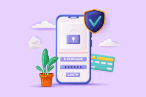 Illustration of a phone showing a padlock above username and login fields, with a tick shield and two bank cards alongside
