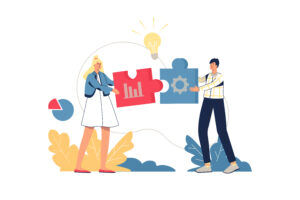 Flat illustration of two colleagues joining two jigsaw pieces, one marked with a bar chart and one with a cog, beneath a lightbulb