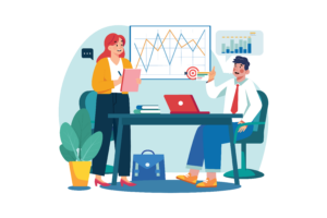 Flat illustration of a woman presenting a line chart to a seated colleague at a laptop who holds a target with a dart in the bullseye