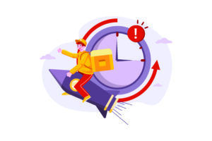 Flat illustration of a person riding a rocket past a large purple clock ringed by a red arrow and an alert icon