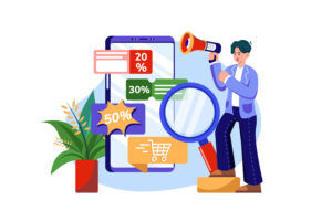 Flat illustration of a man with a megaphone and magnifying glass beside a phone showing 20%, 30% and 50% discount offers