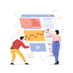 Flat illustration of two people assembling a large web page layout containing an email block, a rising line chart and a video player