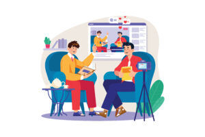 Flat illustration of two people sitting in armchairs with laptops, joining a video call shown on a screen behind them