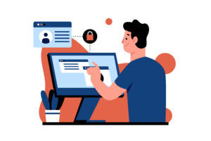 Flat illustration of a man at a desktop computer completing an online form, with a profile card and a padlock icon floating beside the screen