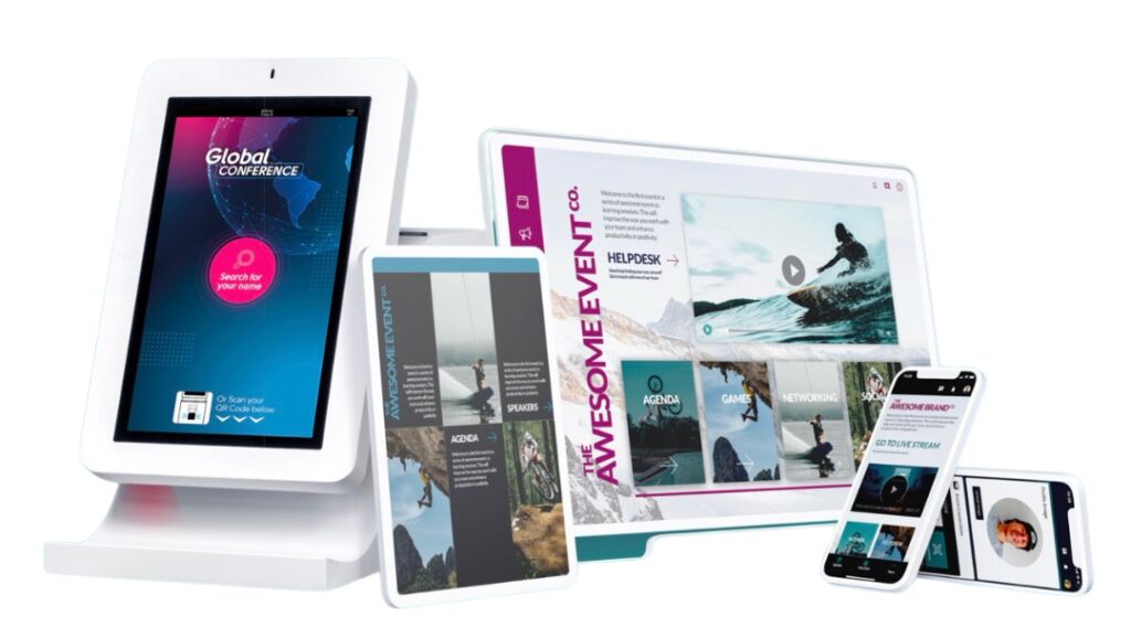 CrowdComms event technology across devices: a check-in kiosk inviting delegates to search for their name, plus tablets and phones running an event app