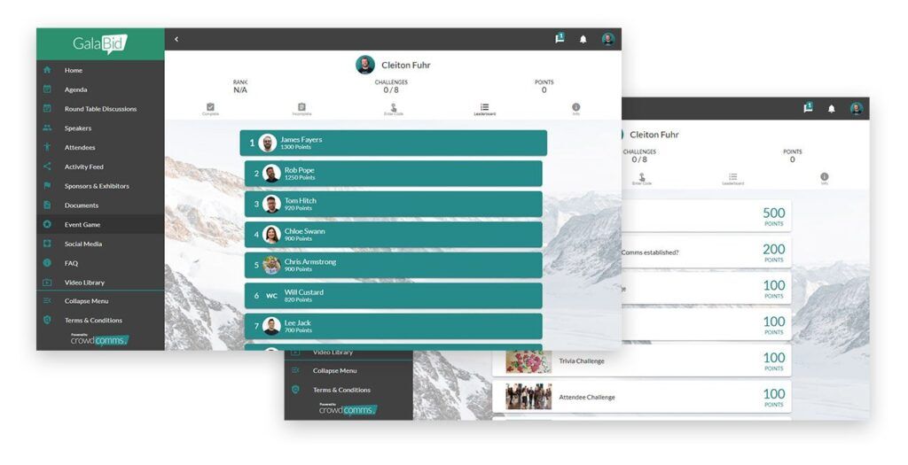 GalaBid event app screens showing a gamification leaderboard of attendee names and points, and challenges worth 500, 200 and 100 points