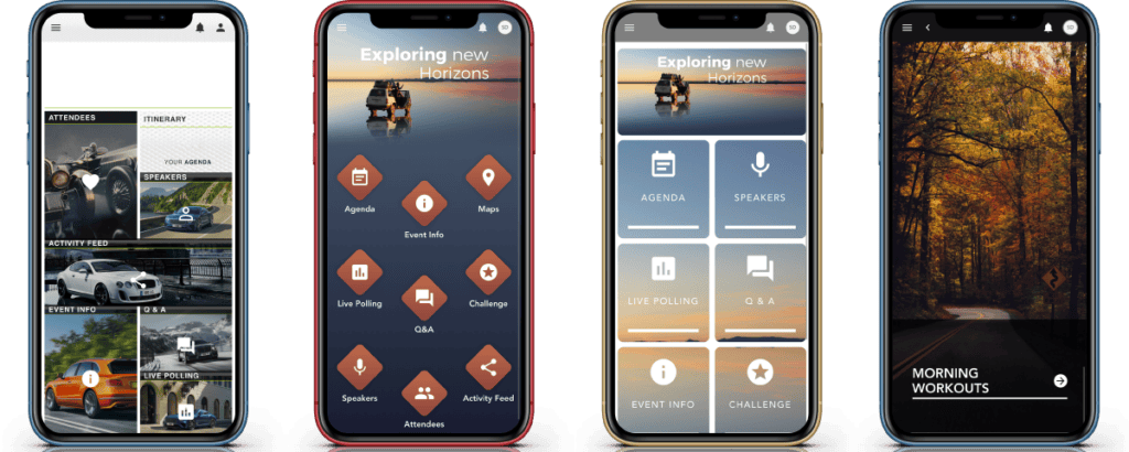 Four phones showing event app home screens in different styles, with photo tiles, diamond and square icon menus and an "Exploring new Horizons" banner