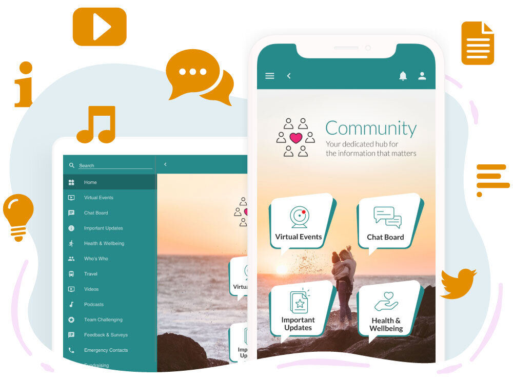 Phone and tablet showing a Community app hub with tiles for Virtual Events, Chat Board, Important Updates and Health and Wellbeing