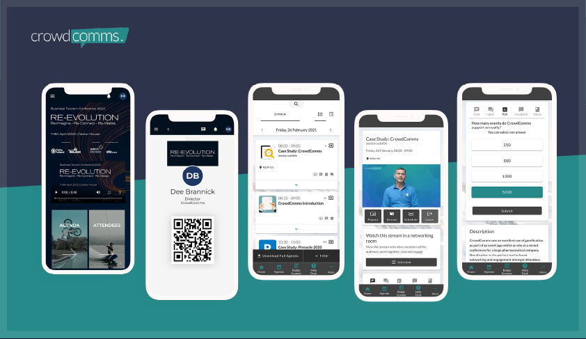 Five phone screens of a CrowdComms event app: conference home page, a QR code attendee badge, the agenda, a live session stream and a live poll