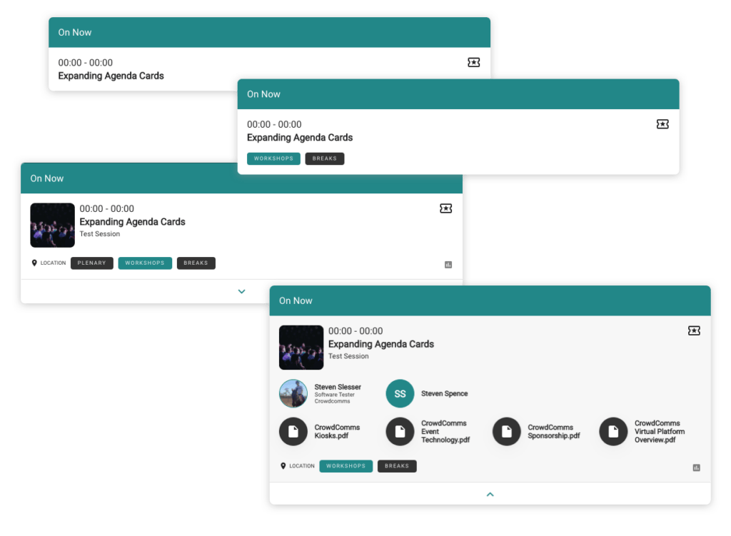 Four stages of an event app agenda card expanding, from a collapsed session row to a full card listing two speakers and four downloadable documents