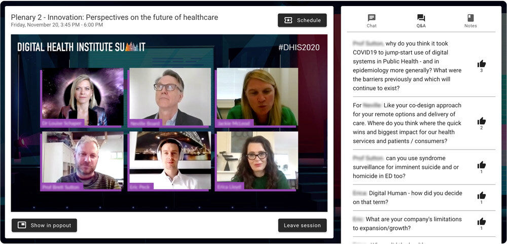 Virtual session page headed Plenary 2 Innovation, Perspectives on the future of healthcare, with six speakers on video and an upvoted audience Q&A list