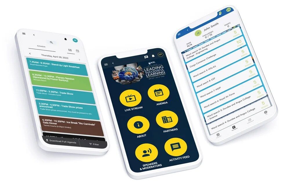 Three phones showing an event app: a timed agenda list, a yellow icon menu for live stream, agenda, partners and speakers, and a points leaderboard of word-search challenges
