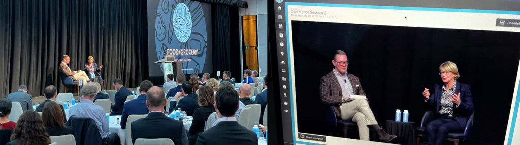 Two photographs side by side: a seated conference audience facing a stage, and a screen showing two speakers in armchairs during a panel discussion