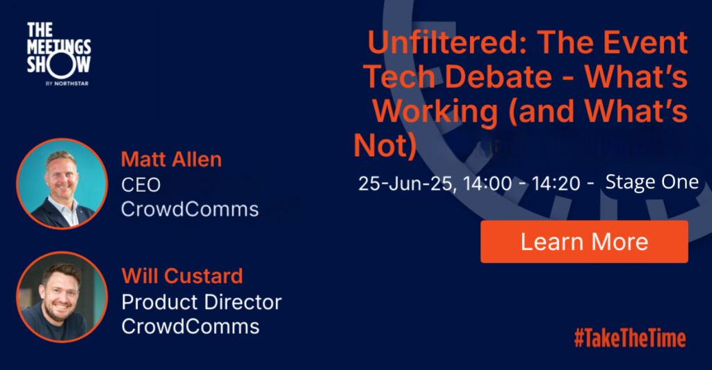 Session promo for The Meetings Show reading "Unfiltered: The Event Tech Debate", 25-Jun-25 14:00 on Stage One, with headshots of speakers Matt Allen and Will Custard