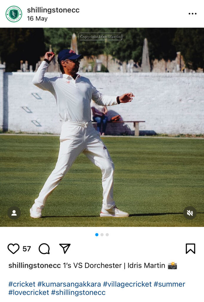 Instagram post from shillingstonecc showing a cricketer in whites and a cap throwing a ball, captioned "1's VS Dorchester | Idris Martin"