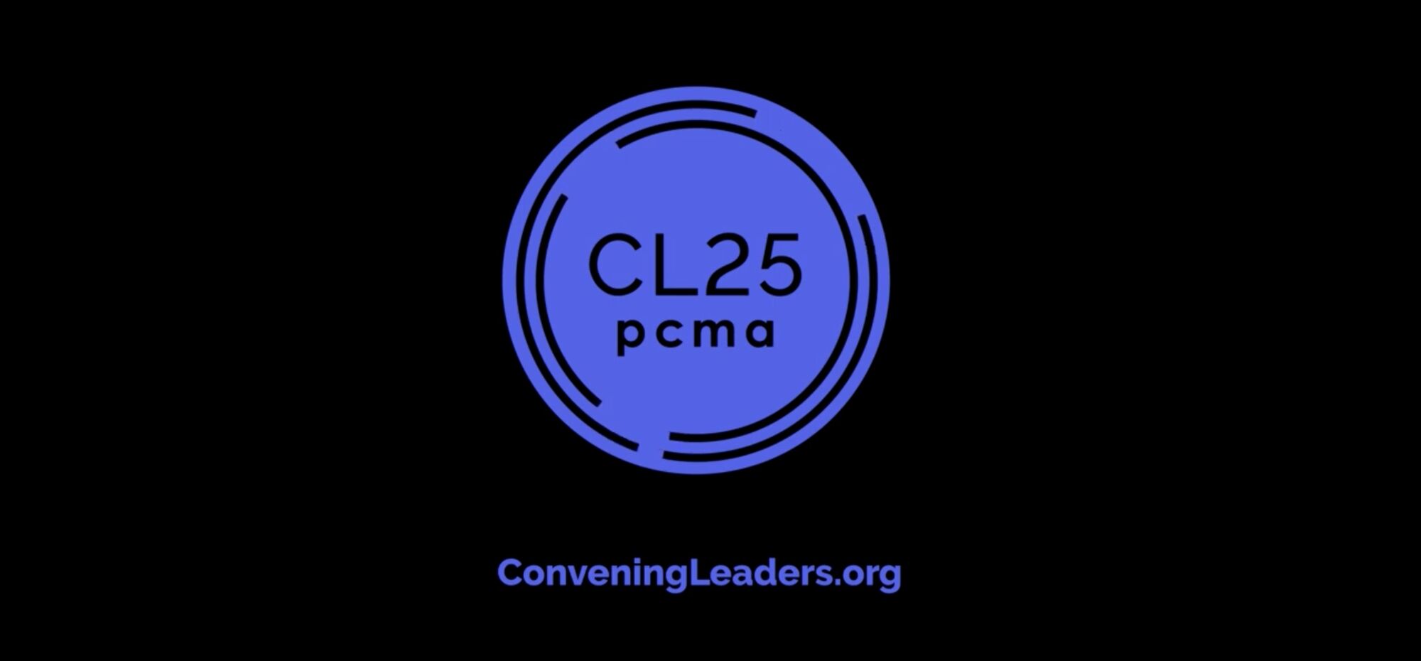 Blue circular CL25 pcma logo on a black background, above the web address ConveningLeaders.org
